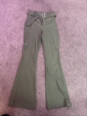 Olive Green High-Rise Flare Pants with Waist Belt